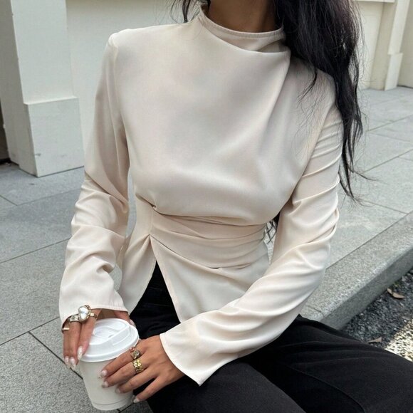 Apricot Elegant Women's Stand Collar Pleated Long Sleeve Blouse - Picture 4 of 6